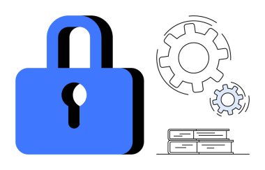 Veri koruması, bilgi güvenliği, bilgi yönetimi, sistem optimizasyonu, siber güvenlik, mahremiyet. Mavi asma kilit, çark ve beyaz arka planda bir yığın kitap. Veri koruması