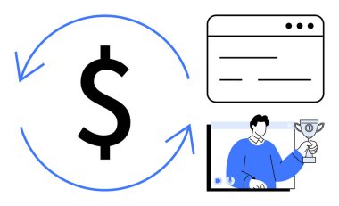 Oklarla çevrili dolar işareti, web arayüzü tasarımı, ve online finansal büyümeyi temsil eden bir ödül taşıyan kişi, dijital başarı ve başarı tanıma. İş geliştirme için ideal