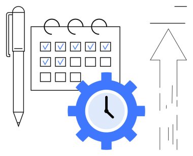 Organizasyon, verimlilik, zaman yönetimi, planlama, iş akışı optimizasyonu, süreç iyileştirmesi. İşaretli takvim, dişli saat kalemi yukarı ok. Verimlilik ve zaman yönetimi
