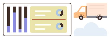 Bir kamyon ve bulutun yanında bar ve pasta grafikleri olan veri grafikleri. Lojistik, dağıtım, veri takibi, performans izleme, ulaşım, iş analizi ve planlama için ideal. Basit bir daire.