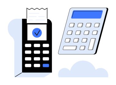 E-ticaret, ödeme işlemleri, mali yönetim, muhasebe, bütçe, teknoloji. Faturası ve hesap makinesi olan bir ödeme terminali. E-ticaret ve ödeme işleme kavramı