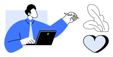 İş çözümleri, yaratıcılık, üretkenlik, girişimci fikirler, modern tasarım, iletişim. Laptop ve kalemle çalışan bir adam soyut yapraklar ve kalple birlikte. Yaratıcılık ve iş