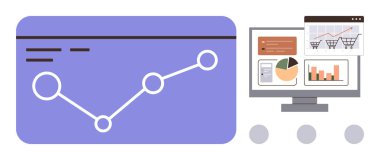 E-ticaret grafikleri, çubuk grafikleri ve pasta grafiklerini gösteren bir masaüstü ekranının yanında çizgi grafik izleme analizleri. Veri analizi, istatistik, e-ticaret, pazarlama, ticaret, teknoloji için ideal