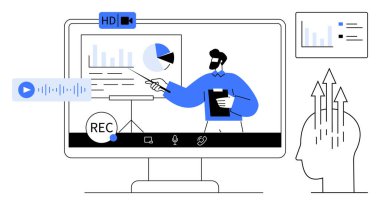 Çevrimiçi öğrenme. Bir sunucu grafikler ve grafiklerle sanal bir sunum yapar. Çevrimiçi öğrenme dijital eğitimi ve uzaktan eğitimi destekler. E-öğrenim, eğitim, ağlar ve sanal için