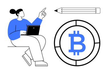 Kripto para birimi eğitimi, engelleme teknolojisi, dijital işlemler, finansal planlama, yenilik, uzaktan çalışma. Bitcoin logosu, dizüstü bilgisayarı olan biri. Kripto para birimi eğitimi ve engelleme zinciri