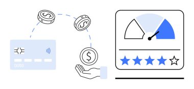 Finansal işlemler. Güvenli para transferi iyonu, bozuk paraların düşmesi, el ve kredi skoru göstergesi. Bankacılık, kredi sistemleri, fintech, kişisel krediler için mali işlemler