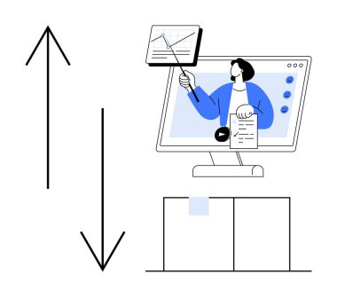 Çevrimiçi öğrenme grafiği. Verileri analiz eden, çizelgeleri öğreten ve eğitimsel etkileşim içinde olan biriyle çevrimiçi öğrenme süreci. Uzaktan eğitim, e-öğrenme ve eğitim için çevrimiçi öğrenim