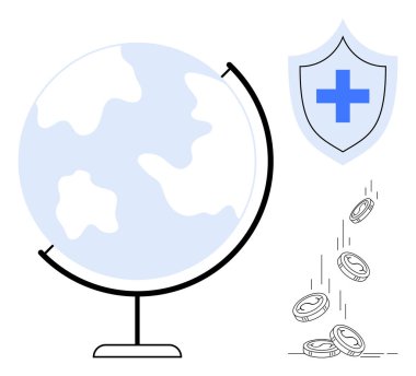 Sağlık hizmetleri finansmanı, küresel güvenlik, ekonomik koruma, tıbbi hizmetler, tasarruflar, evrensel bakım. Kalkanları olan ve bozuk paraları düşen bir dünya. Sağlık hizmetleri finans ve küresel güvenlik kavramı