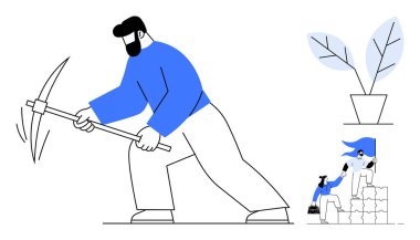 İş büyümesi, takım çalışması, kaynak yönetimi, iş gücü, işbirliği, verimlilik. Kazmalı madencilik yapan, bitki yetiştiren ve inşaat yapan bir adam. Takım çalışması ve iş büyümesi