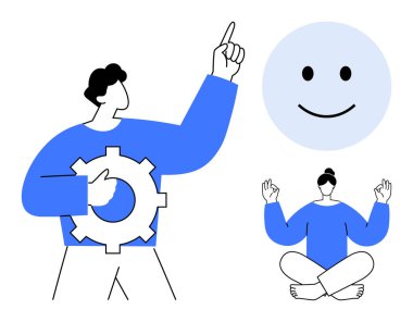 Üretkenlik, sağIık, yenilik, pozitif düşünce, problem çözme, takım çalışması. Teçhizatlı, meditasyon yapan ve asgari tasarımla gülümseyen bir yüz. Verimlilik ve refah kavramı