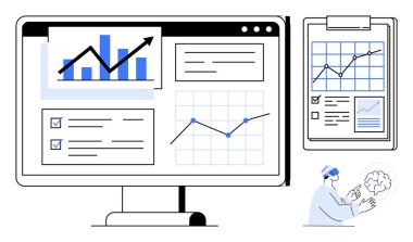 İş analizleri, veri görselleştirme, raporlama araçları, performans izleme, dijital trendler, veri bilimi. Bilgisayar ekranındaki grafikler ve kullanıcı etkileşimli panolar. İş dünyası