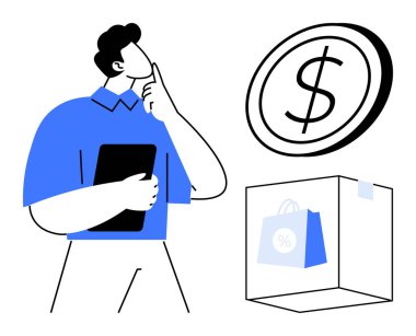 E-ticaret, finansal planlama, alışveriş, çevrimiçi perakende, karar verme, pazarlama. Elinde tablet, dolar sembolü ve alışveriş çantası küpü olan bir adam. E-ticaret ve mali planlama kavramı