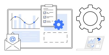 İş süreçleri, veri analizleri, dijital dönüşüm, iş akışı optimizasyonu, üretkenlik araçları, teknoloji kavramları. Grafikler, ayarlar, gösterge paneli ve e-posta illüstrasyonu. Veri analizleri