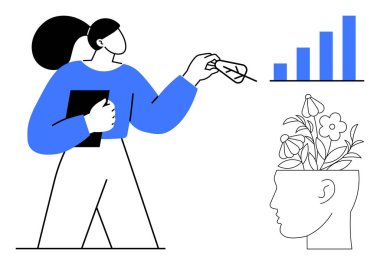 Tablet tutan kadın, doğanın sembolleri, çiçekler ve bar grafiği ile etkileşim içinde. Büyüme zihniyeti, yaratıcılık, eğitim, zihinsel sağlık kişisel gelişim analizleri ve yenilikler için idealdir. Basit.