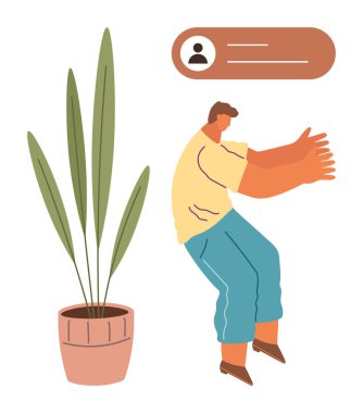 Sıradan giyinmiş bir adam saksı bitkisinin yanında kollarını açıp el kol hareketi yapıyor ve profil bilgi kutusu taşıyor. Sosyal bağlantı, kendini ifade etme, kullanıcı profili, çevrimiçi iletişim, kişiselleştirme için ideal