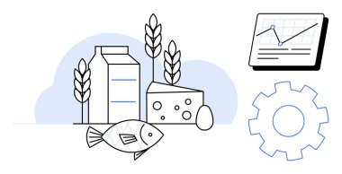 Süt kutusu, peynir, balık, buğday ve yumurta, teknoloji ve veri analizi için bir grafik ve teçhizatla eşleşen yiyeceği sembolize eder. Tarım, gıda endüstrisi ve sürdürülebilirlik tedarik zinciri için ideal