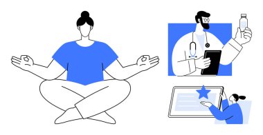 Sağlık bilinci, dijital teknoloji, sağlık yaşam tarzı, sağlık danışmanlığı, modern tıp, çevrimiçi değerlendirmeler. Kadın meditasyon, doktor elinde ilaç ve tablet tutuyordu. Zindelik