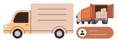 Kargo kutuları taşıyan kargo kamyonu, paketlenmiş kutular ve kullanıcı profili simgesi olan açık kamyon. Nakliye, lojistik, nakliye, ekommerce, tedarik zinciri servis taşımacılığı için ideal. Basit düz