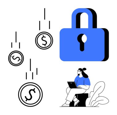 Mali güvenlik kavramı. Kilit sembolü, dolar sikkeleri ve bilgisayarın güvenli işlemlerini ve veri güvenliğini kullanan bir kadın. Bankacılık, fintech, siber güvenlik, tasarruf ve yatırım için mali güvenlik
