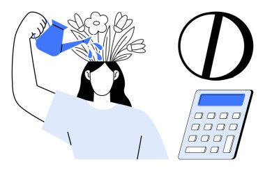 Kişisel büyüme, verimlilik, zihinsel sağIık, yaratıcılık, zaman yönetimi, eğitim. Kafasından çıkan çiçekleri sulayan kadın, yakınlarda hesap makinesi. Zihinsel sağlık ve kişisel gelişim fikri