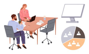 Belgeler, dizüstü bilgisayarlar ve kahveyle bir masada işbirliği yapan iki profesyonel. Yakınlarda, takım çalışmasını gösteren bir monitör ve pasta çizelgesi var. İş için ideal, takım çalışması, veri analizi, ofis işi