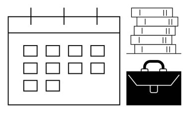 Zaman yönetimi, eğitim planlama, iş organizasyonu, planlama, kurumsal strateji, akademik hedefler. Takvim, kitaplar ve evrak çantası. Zaman yönetimi ve eğitim planlama görsel