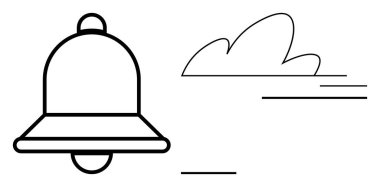 Bildirim sistemleri, tetikte olma, iletişim, hava tahmini, hız, verimlilik. Zil ve bulut minimalist çizgi çizimi. Bildirim sistemleri ve tetikte olma durumu