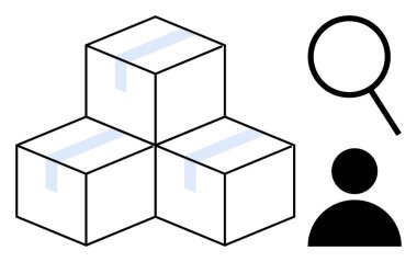 Envanter takibi, nakliyat, lojistik, tedarik zinciri, dağıtım, e-ticaret ve yönetimi temsil eden kullanıcı ve büyüteç dolu kutular basit bir düz metafor