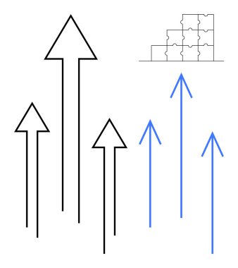 Büyüme konsepti. Oklar yukarı doğru ilerlemeyi ve başarıyı işaret ediyor, bulmaca parçaları stratejisi ve problem çözme ile eşleştiriliyor. İş için büyüme, takım çalışması, yenilik, planlama, geliştirme