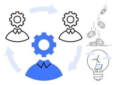 Yenilenebilir enerji, takım çalışması, sürdürülebilirlik, yenilik, yatırım, işbirliği. Dişliler, oklar, bozuk paralar ve güneş enerjili bir ampul. Yenilenebilir enerji ve takım çalışması