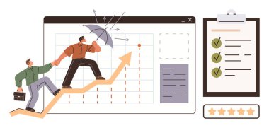 Yükselen bir grafiğe tırmanan iki işadamı, biri oklara karşı şemsiye tutuyor, pano kontrol listeleri ve performans yıldızları. Takım çalışması, strateji, büyüme, koruma ve ilerleme için ideal