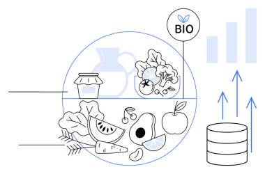 Sebzeler, meyveler ve biyolojik etiketlerle gösterilen organik yiyecekler. Organik gıda sürdürülebilirliği, sağlıklı beslenmeyi ve çevre dostu tarımı teşvik eder. Pazarlama, beslenme, sürdürülebilirlik ve veri için