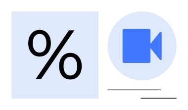 Analizler, medya oluşturma, istatistik, çevrimiçi iletişim, video pazarlama, dijital araçlar. Beyaz arkaplanda yüzde sembolü ve mavi kamera simgesi. Analitik ve ortam oluşturma kavramı
