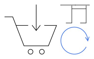 E-ticaret, çevrimiçi alışveriş sistemleri, ürün iadeleri, perakende lojistik, sürdürülebilirlik, dijital alımlar. Oklu, dairesel ok işaretli minimal alışveriş arabası. E-ticaret ve ürün iadesi