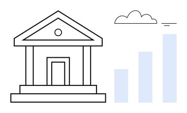 Bankacılık kavramı. Hükümet tarzı bir binanın yanında büyümek için grafikler, teknoloji için bulutlar olan bir bina. Mali sistemler, teknoloji, yatırım, analiz ve dijital için bankacılık
