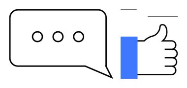 Sosyal medya etkileşimi. Konuşma balonu ve başparmak işareti iletişimi, geri bildirim ve dijital bağlılık. Sosyal medya etkileşimi ve bağlılığı teşvik eder. Ağ kurmak ve damgalamak için mükemmel.