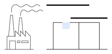 Bacaları olan bir fabrika. Astarlı bir deponun yanında duman yayıyor. Sanayi, imalat, üretim, lojistik, depolama, tedarik zinciri, altyapı temaları için ideal. Basit düz metafor