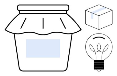 Paketleme, yaratıcılık, yenilik, ürün tasarımı, DIY projeleri, sürdürülebilirlik. Çizgi sanat kavanozu, kutu ve ampul. Sürdürülebilir ürün çözümleri ve DIY tasarımları için ambalaj ve yaratıcılık fikirleri