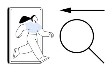 Dijital keşif konsepti. Arama simgesi olan bir cihazdan çıkan karakter çevrimiçi navigasyon ve keşif. Teknoloji, yenilik, kendini keşfetme, veri araştırması ve gelecek için mükemmel.