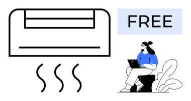 Klima konsepti. Klima konfor, enerji verimliliği ve üretkenliği teşvik eder. Dizüstü bilgisayar kullanıcısının yanında klima var. Teknoloji, yaşam tarzı, işyerleri ve ev tasarımı için