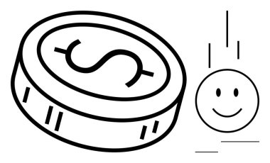 Para konsepti. Paranın üzerindeki dolar sembolü ve gülümseyen yüz parasının mutlulukla bağlantısı. Para, duygular ve iyi geçinmek. Finans, psikoloji, zihniyet, iş