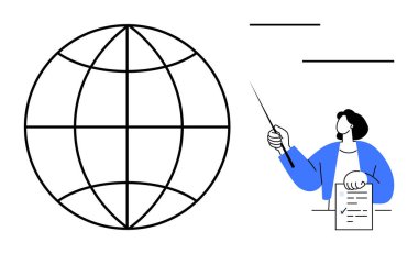 Mavi ceketli bir şahsın yanında elinde bir rapor tutan ve sopayla işaret eden bir dünya çizgisi. İş, eğitim, küresel ulaşım, takım çalışması, sunum, ağ oluşturma, basit düz metafor