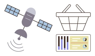 Sinyal dalgaları yayan uydu, çubuklu veri analiz şeması, turta grafikleri ve alışveriş sepeti. Teknoloji, e-ticaret, veri yönetimi, yenilik, piyasa araştırması, bağlantı için ideal