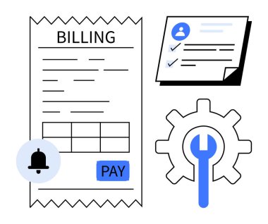 Fatura faturası ödeme düğmesi, bildirim zili profil simgesi olan kontrol listesi kağıdı ve anahtar sembollü teçhizat. Finans, ödeme, organizasyon, hatırlatıcılar, ayarlar için ideal dijital araçlar