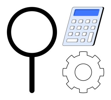 İş süreçleri, teknoloji araçları, üretkenlik, analiz, sistem optimizasyonu ve karar verme. Beyaz arka planda büyüteç, hesap makinesi ve vites simgeleri. Analiz ve verimlilik