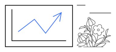 Ekonomik trendler, iş performansı, organik pazarlama, grafik tasarım, çiçek desenleri, çevresel büyüme. Grafikte yukarı doğru yükselen mavi ok ve resimli çiçekler. İş performansı ve organik
