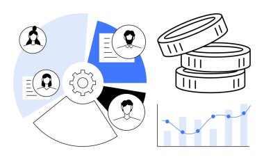 İş stratejisi, veri yönetimi, finansal planlama, takım işbirliği, yatırım takibi, analitik. Kullanıcı simgeleri, istiflenmiş paralar ve bir çubuk grafiği olan pasta grafiği. İş stratejisi ve verileri