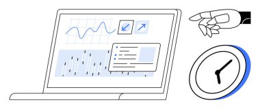 Dijital dönüşüm, otomasyon, zaman yönetimi, analitik, veri analizi, verimlilik. Dizüstü bilgisayarda robot eli ve saati olan grafikler ve çizelgeler. Veri analizi ve otomasyon kavramı