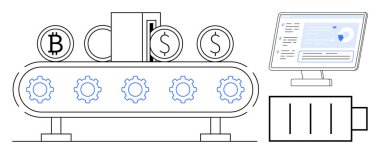 Kripto para birimi, engelleme zinciri, fintech, otomasyon, para madenciliği ve dijital ödemeler. Verileri gösteren bir bilgisayar ekranı olan taşıma bandındaki bozuk paralar. Kripto para birimi ve engelleme zinciri uygulamaları