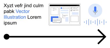 Ses teknolojisi, iletişim iş akışı, dijital arayüz tasarımı, otomasyon, modern teknoloji, UX araştırması. Okla bir mikrofon, dalga biçimi ve kullanıcı arayüzü görüntüsü. Ses teknolojisi
